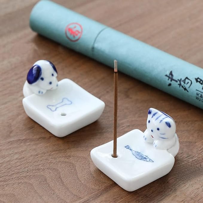 Set of 2, Japanese Mini Cute Kitty Cat with Dog Handmade White Ceramic Incense Stick Holder or Incense Burner Holder, Inscent Tray for Home Decor Yoga Spa Meditation, 1.42 inches