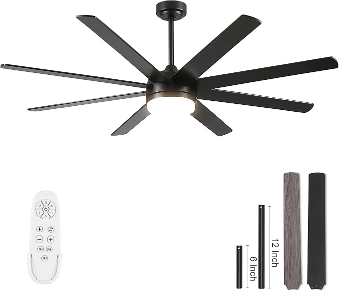 YUHAO 62 Inch Black Ceiling Fan with Light and Remote Control.Noiseless,Dimmable,3CCT,6 Speeds Reversible, DC Ceiling Fans for Indoor or Covered Outdoor Use.ETL Listed