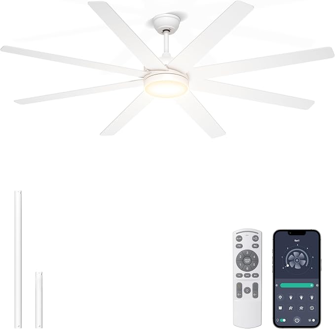 72'' White Large Ceiling Fan with Lights for Indoor/Covered Outdoor | Remote/APP Control, 3CCT Dimmable, Quiet DC Motor, Reversible Airflow, 8 Blades Modern Big Overhead Fan for Patio Living Room