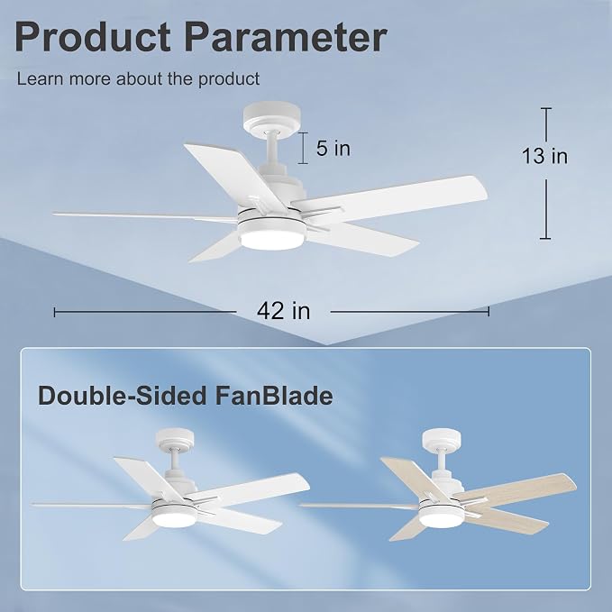 42 Inch White Ceiling Fan with Light and Remote Control | 6 Speeds Reversible,Dimmable LED,3CCT,5 Blades,Quiet DC Motor Ceiling Fans for Indoor or Covered Outdoor Use