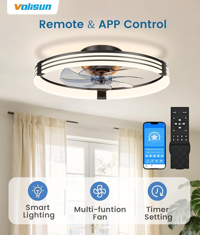 VOLISUN Low Profile Ceiling Fans with Lights and Remote, 20in Flush Mount Ceiling Fan with Light, 3000K-6500K Dimmable Fandelier LED Fan Light, Black Bladeless Ceiling Fans with Lights for Bedroom