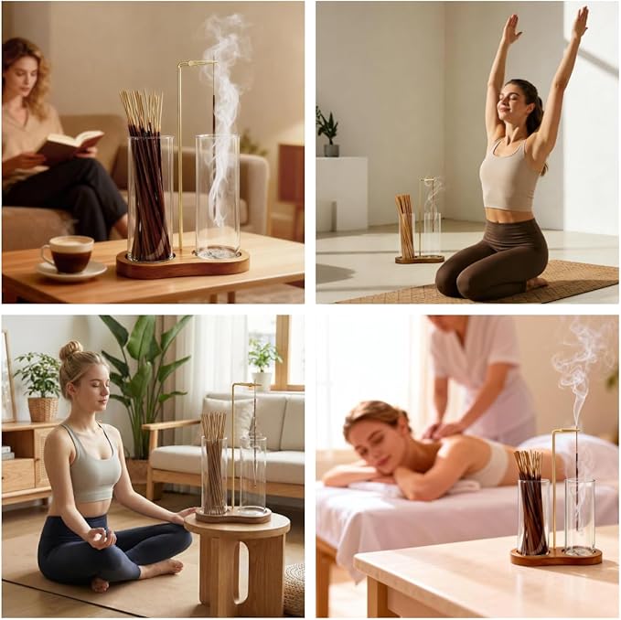 2 in 1 Glass Incense Holder for Sticks, Upside Down Incense Burner with Wooden Base & Removable Ash Catcher, Mess-Free Home Decor for Meditation Yoga Spa