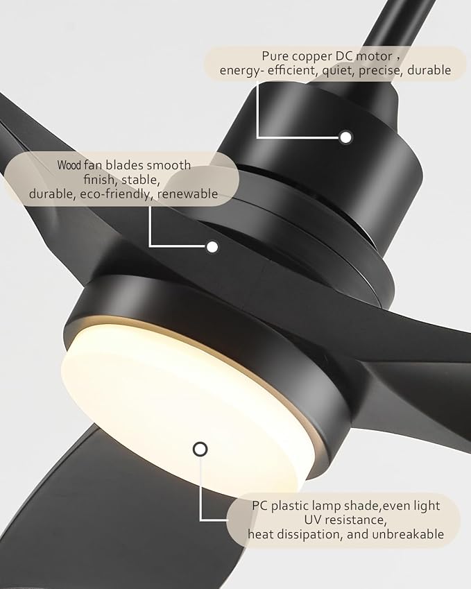 Ceiling Fan with Lights Remote Control, 52 Inch Black Ceiling Fans with 3 Downrods, 3 Blades, Timer, 6 Speed Modern Fan Quiet Reversible DC Motor for Patio Bedroom Outdoor/Indoor,52in,Black