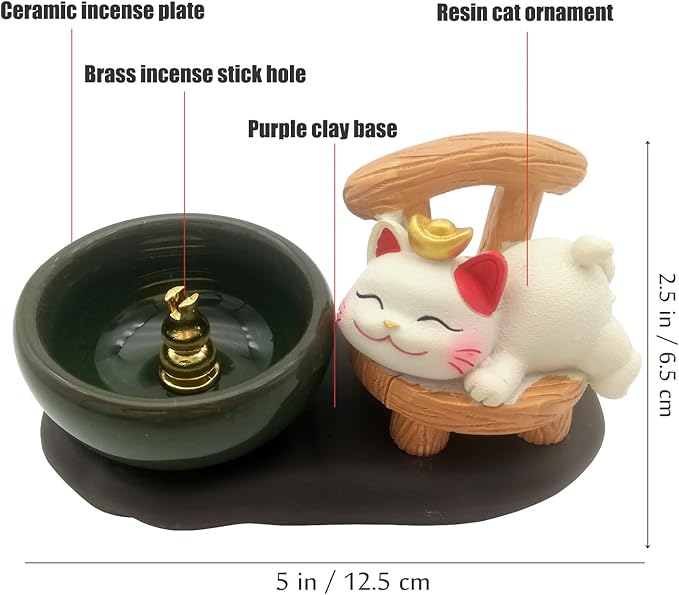 Cute Cat Stick Incense Holder, Japanese Ceramic Burner Tray Set, Rustic Ash Catcher Desktop Home Office Decor Meditation Yoga Spa Zen Aromatherapy