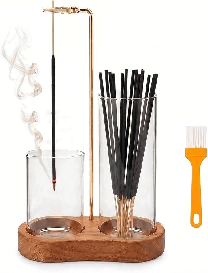 2 in 1 Incense Holder for Sticks with Glass Ash Catcher - Upside Down Anti-Ash Flying Incense Burner & Stick Storage Organizer, Ideal for Meditation, Yoga, Zen Home Decor, Spa Relaxation Gift