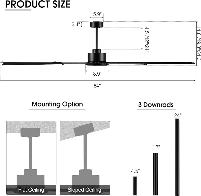 WINGBO Black Industrial Ceiling Fan No Light 84", 9 Aluminum Blades, 6 Speed Remote Control, Reversible DC Motor, for Home and Commercial Use, Living Room/Shop/Warehouse