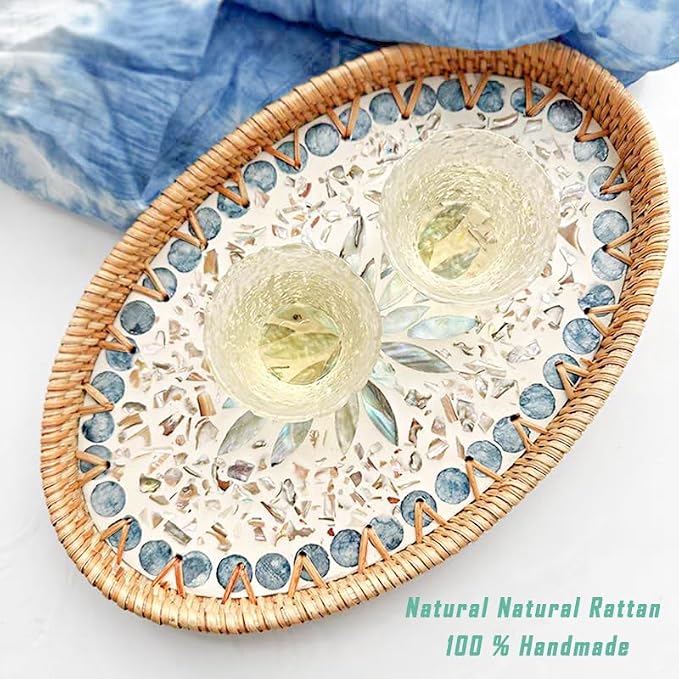 13 Inch Decor Tray for Coffee Table Mother of Pearl Inlay Serving Tray for Ottoman Wicker Centerpiece Decorative Tray for Candle Holder, Flower, Fruit, Bread (Medium)
