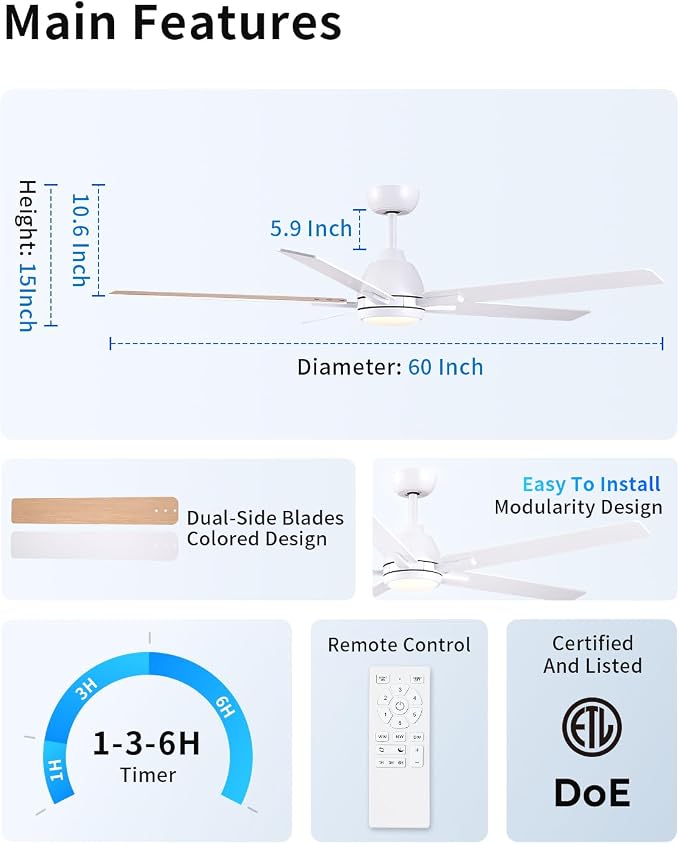 Sevenine 60 Inch Downrod White Ceiling Fan with Light & Remote, ETL Listed | 6 Speed, Quiet DC Motor, 3-Level Timer Function, 3 Color Temperature, Forward/Reserve For all Seasons, Indoor/Covered Outdoor