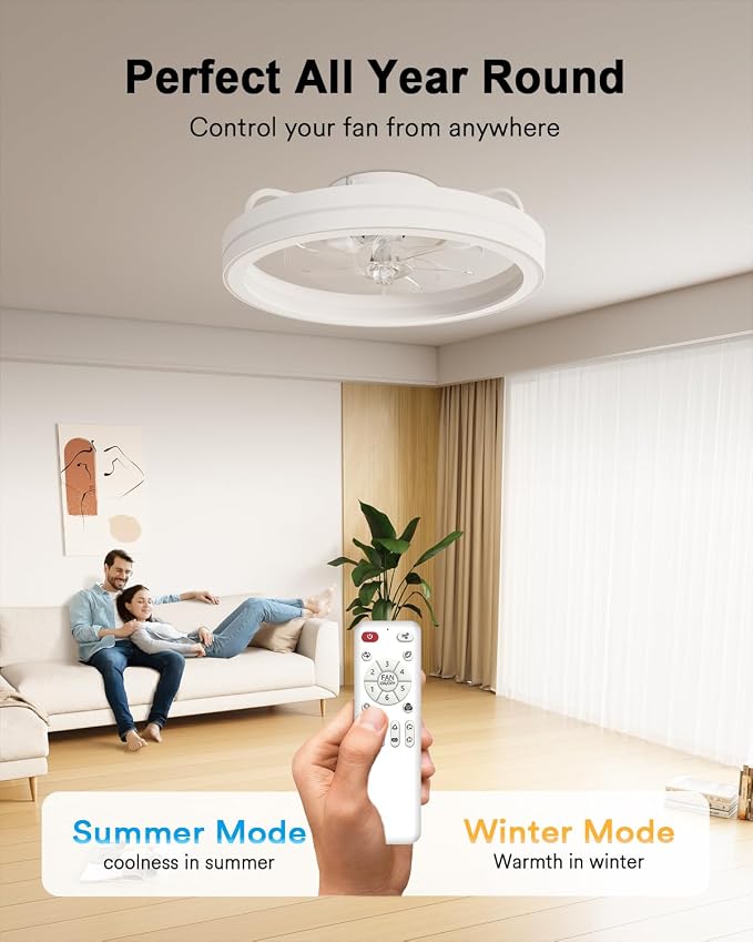 Lumary Smart Ceiling Fan Light with 2200K Nightlight, WiFi & Bluetooth Low Profile Ceiling Fan with Light Remote for Bedroom, RGBAI & 42 Scenes Mode, Flush Mount Easy to Install, 5000 LM, 19in White