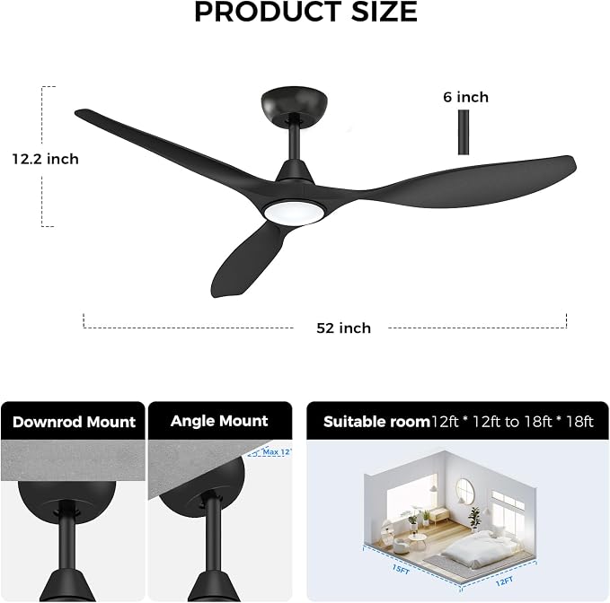 Roomratv Ceiling Fans with Lights and Remote Control,Quiet Noiseless Reversible DC Motor,6 Speeds,Timers, 3 CCT, Indoor Use, Plastic Blades,52 Inch Black Ceiling Fan Smart APP Control for Living Room