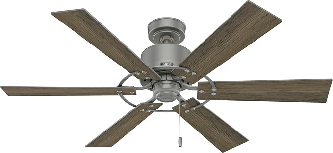 Hunter Gilrock, Indoor, Ceiling Fan, No Light, 52 inch, Matte Silver | Standard Mount, Pull Chain, 6 Blades, For Bedroom, Living Room, Kitchen, 52353