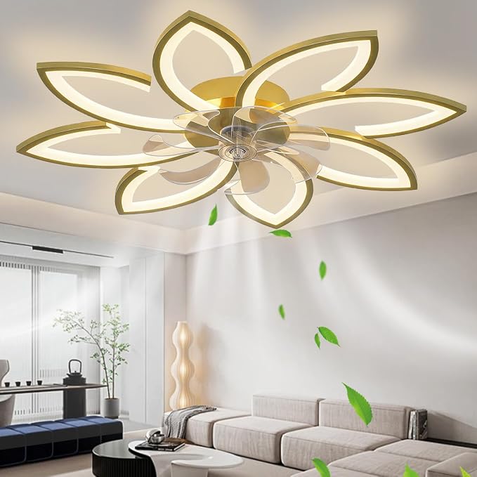 35" Ceiling Fans With Lights and Remote, Low Profile Flush Mount | Ceiling Fan Lights With 6 Speed 3 Colors Dimmable, For Bedroom Living Room, Quiet, Reversible Motor, Timing Gold