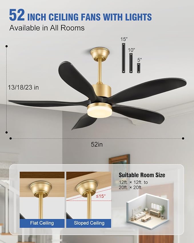 52"Ceiling Fans with Lights and Remote 5 Blades Outdoor Fans Black Gold | Ceiling Fan with Light for Patios Indoor, ETL Listed, Timer, 6 Speeds, 3 Color, Reversible Quiet DC Motor, Under 25dB