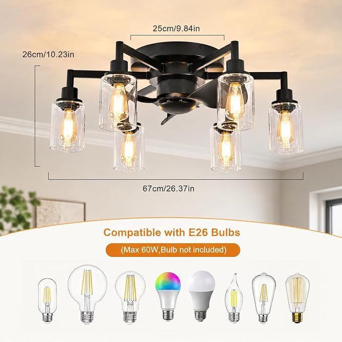 Garwarm 26IN Ceiling Fans with Lights, Black Flush Mount Ceiling Fan with Lights Remote Control,Low Profile Bladeless Ceiling Fan Light Fixture for Bedroom, Kitchen, Dining Room