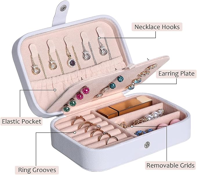 Hatori Travel Jewelry Box, PU Leather Small Jewelry Organizer for Women Girls, Double Layer Portable Mini Travel Case Display Storage Holder Boxes for Stud Earrings, Rings (White Beige)