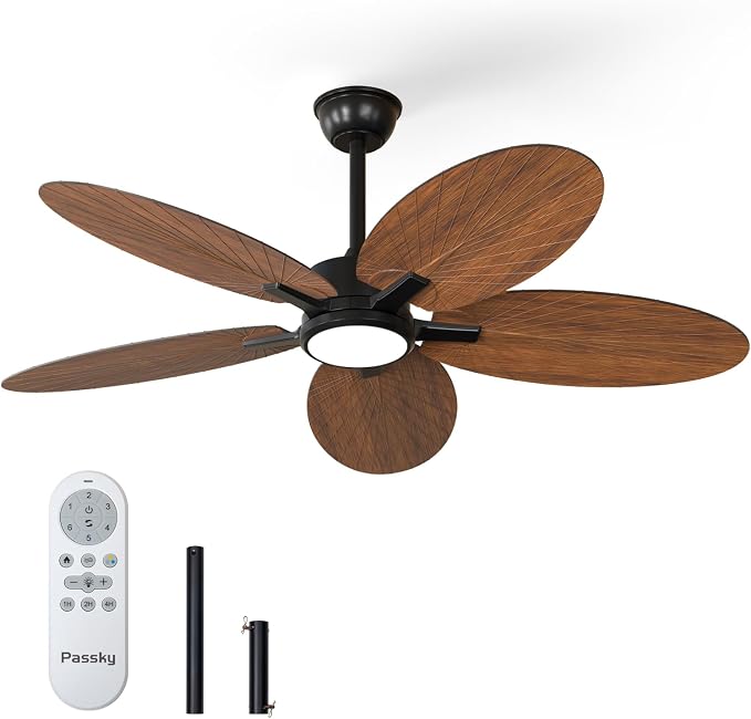 Passky Ceiling Fans with Lights, 52 inch Tropical Ceiling Fan with Light and Remote Control, 3CCT, Dimmable, Reversible, Noiseless, Banana-leaf Shape Ceiling Fan for Bedroom, living room, Coverd Patio