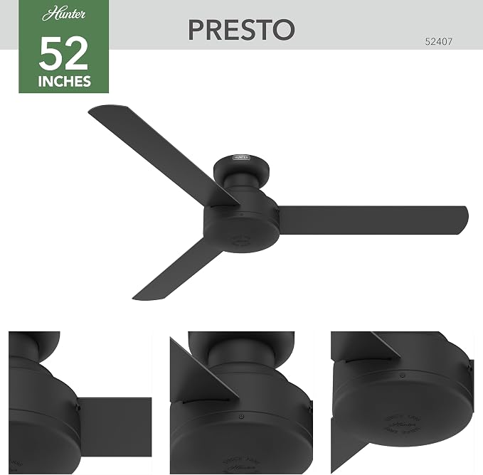 Hunter Presto, Indoor, Ceiling Fan, Wall Control, 52 inch, Matte Black | Flush-mount housing fits rooms under 9 ft; SureSpeed high velocity airflow and no-light design suit bedrooms or offices.