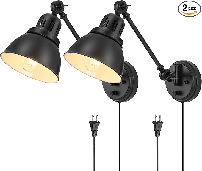 GOODATE Plug in Wall Sconces Set of 2, ENCOMLI Wall Sconce Lighting with Dimmable On Off Switch, Swing Arm Wall Lamp, Black Metal Industrial Wall Light Fixtures, Safety E26 Base, 6FT Plug in Cord