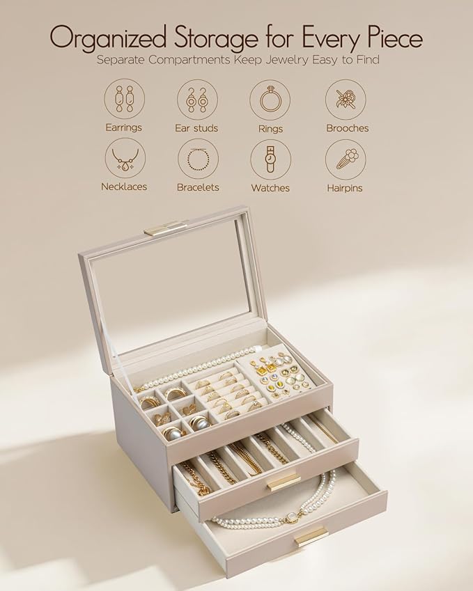 VLANDO Jewelry Box Organizer for Women, 3-Layer Jewelry Storage Case with Glass Lid, Gold Handle, 2 Drawers for Rings, Earrings, Necklaces and Bracelets - Toffee