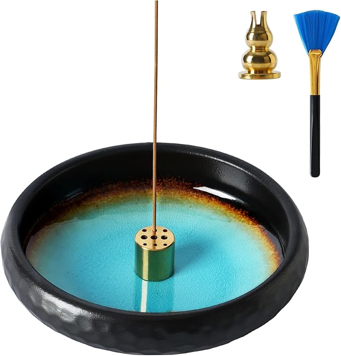 Incense Holder for Sticks,6 Inch Crack Blue Handmade Incense Stick Burner Bowl Ceramic,Cone Incense Holder,Ash Catcher for Meditation,Yoga,Home Décor