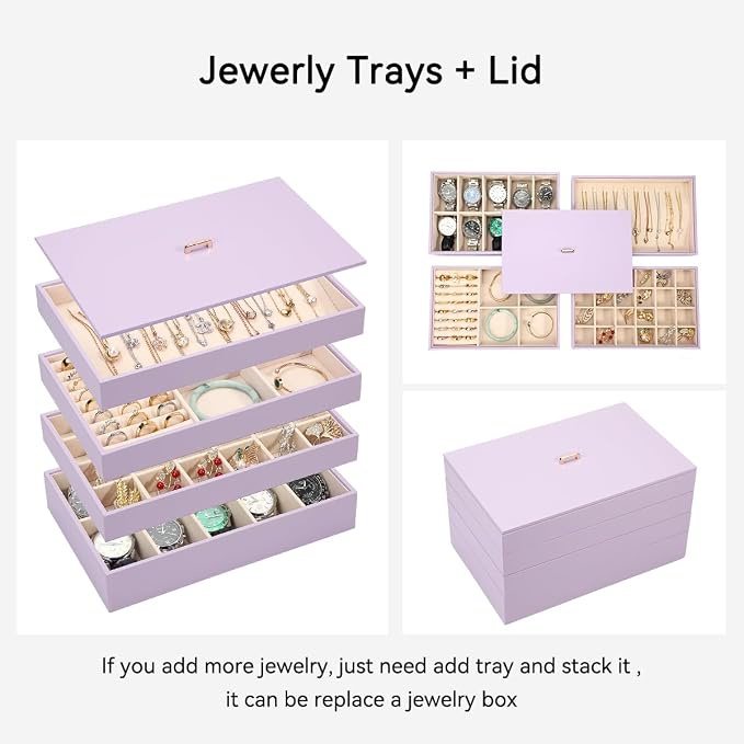 Voova Stackable Jewelry Organizer Tray with Lid, PU Leather Jewelry Storage Holder for Drawer Inserts, Jewellery Display Box Case for Earring Necklace Ring Watch Bracelet (Set of 4, Lavender)
