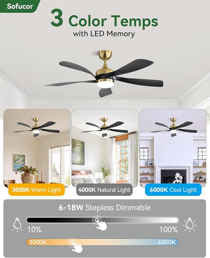 Sofucor 52" Smart Ceiling Fan, Indoor/Outdoor Ceiling Fans with Lights and Remote, Compatible with Alexa/Google/App, 3-Color Light 6-Speed Timing Reversible DC Motor for Bedroom Living Room Patio