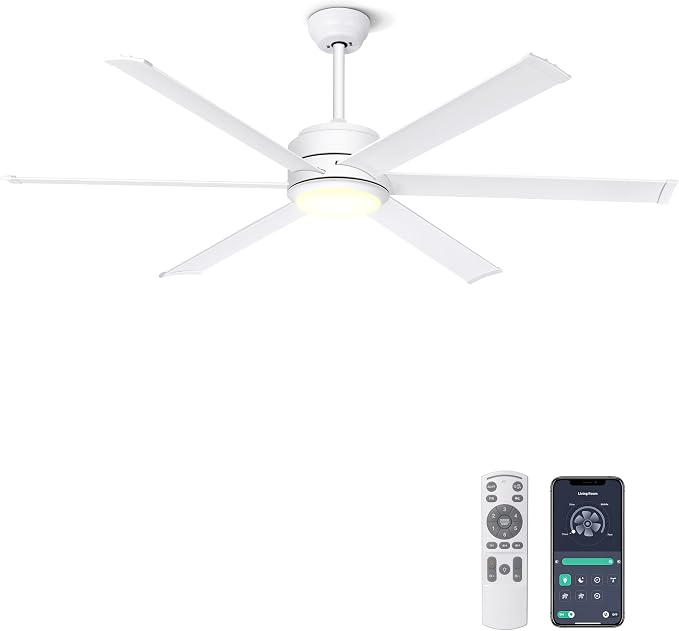 Ohniyou 60" White Industrial Ceiling Fan with Light for Patio, Living Room | Remote & APP Control, 3CCT Dimmable, DC Motor, 6 Aluminum Blades, Covered Outdoor Metal Fan