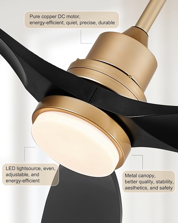 52" Modern Black and Gold Ceiling Fan with Lights and Remote, ETL Listed, 3 Downrods, 3 Wood Blade Gold Black Ceiling Fans, Reversible Quiet DC Motor, 3 Timer for Outdoor Patio Bedroom,52in,Black Gold