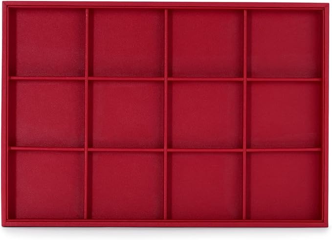 Oirlv Red Leather Jewelry Tray 12-Grid | Red Leather Exterior, Soft Microfiber Interior, 35X24X3Cm Tray with 12 Grid Inserts, Bold Color, Versatile Jewelry Organizer