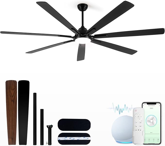 Minislak 84" Large Smart Ceiling Fan with Lights Remote Control via WiFi Alexa,6-Speeds Quiet DC Motor,Dimmable,Indoor Outdoor Black Ceiling Fan for Big Living Room,Covered Patio,Dual Finish 7 Blades