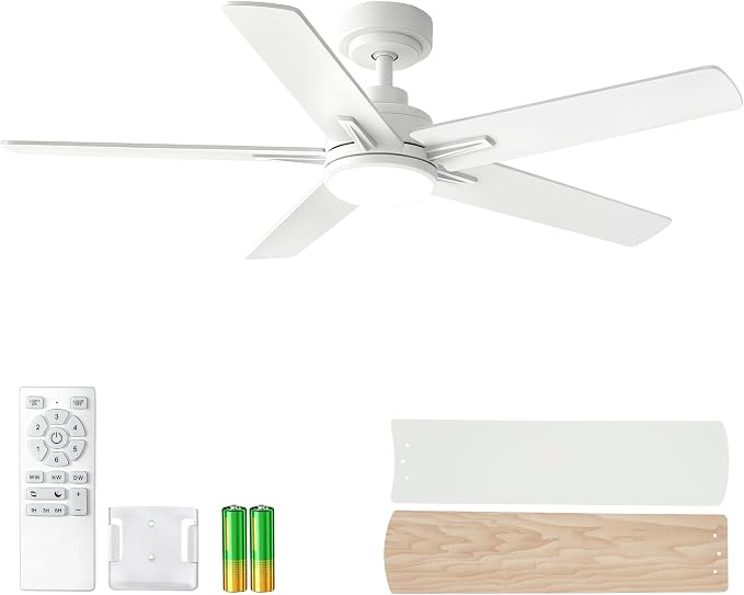 YUHAO 48 Inch White Ceiling Fan with Light and Remote Control.Noiseless,Dimmable, 3CCT,6 Speeds Reversible, Modern DC Ceiling Fans for Indoor or Covered Outdoor Use,ETL Listed