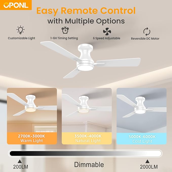 OPONL Ceiling Fan with Light, 42 inch Low Profile Ceiling fan with Light and Remote Control, Reversible, 6CCT, Dimmable, Noiseless, White Ceiling Fan for Bedroom, Indoor/Outdoor Use, Modern