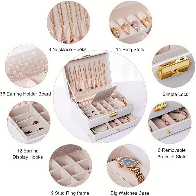 GUOER Jewelry Box for Women Girls, Two Layers Jewelry Organizer (White) | Vintage Quilting Stitching PU Leather, Earrings Bracelets Rings Necklace Watches Storage Large Jewellery Holder Case Gifts