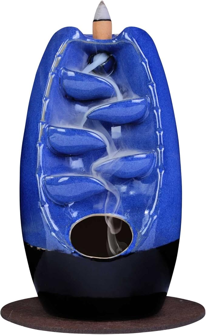 SPACEKEEPER Ceramic Backflow Incense Holder Burner Waterfall, Aromatherapy Ornament Home Decor with 120 Cones + 30 Stick, Navy