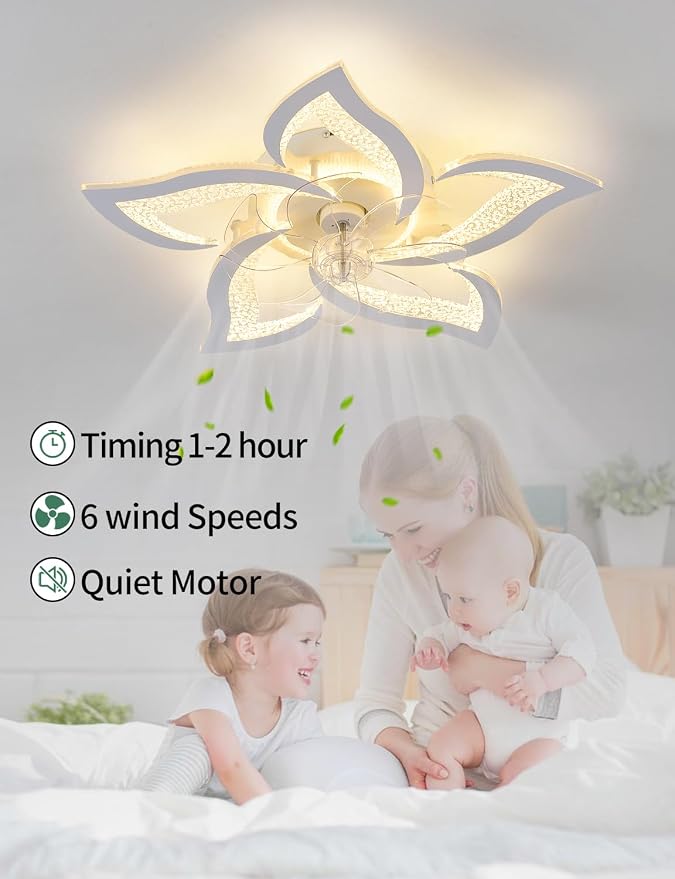 Flower Ceiling Fans with Lights and Remote, 24 Inch Modern Low Profile Flush Mount Ceiling Fan, Dimmable LED Ceiling Light Fixture, Small Ceiling Fans for Bedroom, Kitchen, Indoor-White