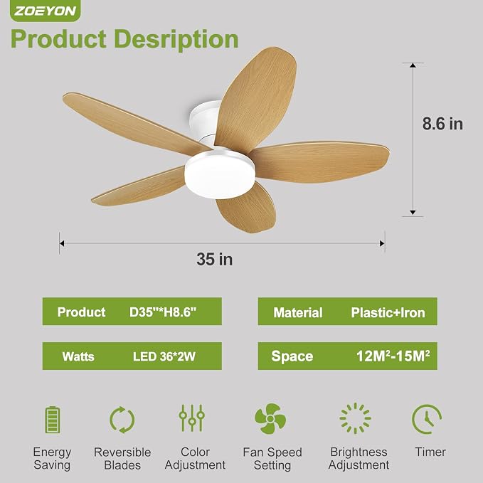 Small Ceiling Fan with Light - 35 Inch Flush Mount Ceiling Fan with Lights and Remote, Low Profile Ceiling Fans with 5 Reversible Blades, 6 Wind Speeds, White&Wood Ceiling Fans for Bedroom