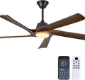 60“ DC Ceiling Fan with Light, Solid Wood Ceiling Fan with Remote and APP Control, 3-color Dimmable, 6-speed Reversible Fans for Bedroom, Living Room, Dark Walnut