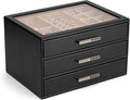 VLANDO 3-Drawer Jewelry Box with Glass Lid, Faux Leather Organizer for Rings Earrings Necklaces and More, Gift-Ready Jewelry Case for Women Girls or Moms, Black