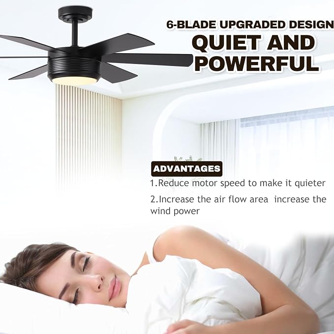 SHOWDI Black Ceiling Fans with Lights and Remote, Quick Installation, 42 in | 2 Blade Color, Metal Material, App Remote Control, Timer, Reversible, 3CCT, Dimmable for Bedroom, Living room, Indoor