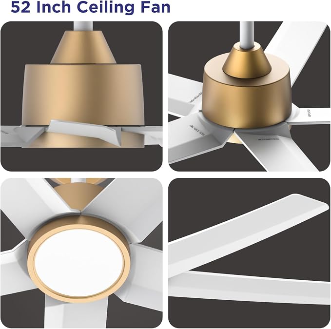 ocioc 2-Pack 52 inch Ceiling Fans with Liights Ultra Quiet DC Motor 3 Color Temperatures Modern Ceiling Fan for Bedroom Kitchen Indoor Covered Outdoor Gold