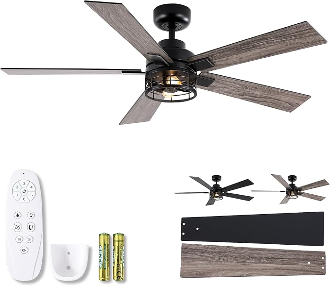 52 Inch Farmhouse Ceiling Fans with Lights and Remote, Black Industrial Caged Ceiling Fans for Bedroom, Living Room, 6-Speed Reversible Quiet DC Motor, Rustic Design