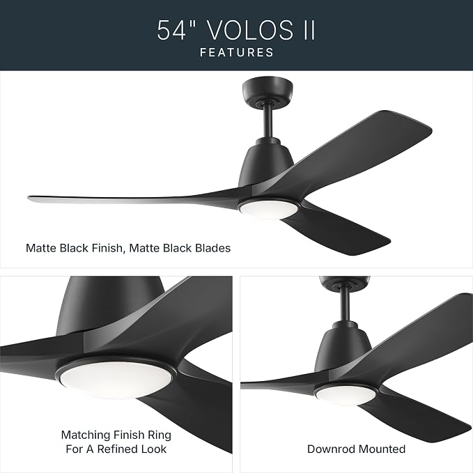Kichler 54" Volos II 3 Blade Ceiling Fan in Black with Black Blades, Easy-to-Install AC Motor, Downrod, 300054-BK
