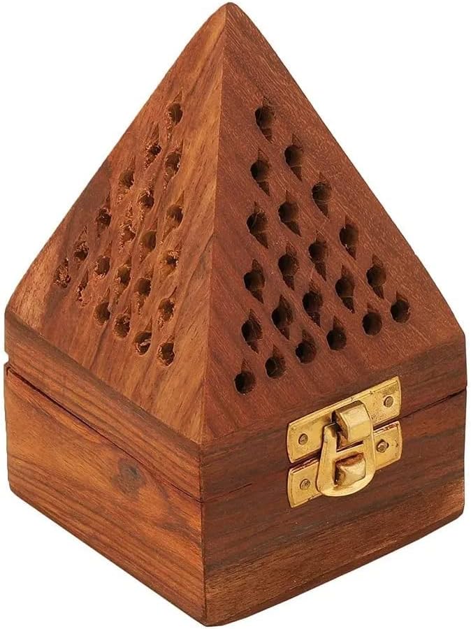 Handmade Wooden Classic Mughal Inspired Pyramid Incense Cone Dhoop Burner Holder with Top Cone Shape Incense Burner Box