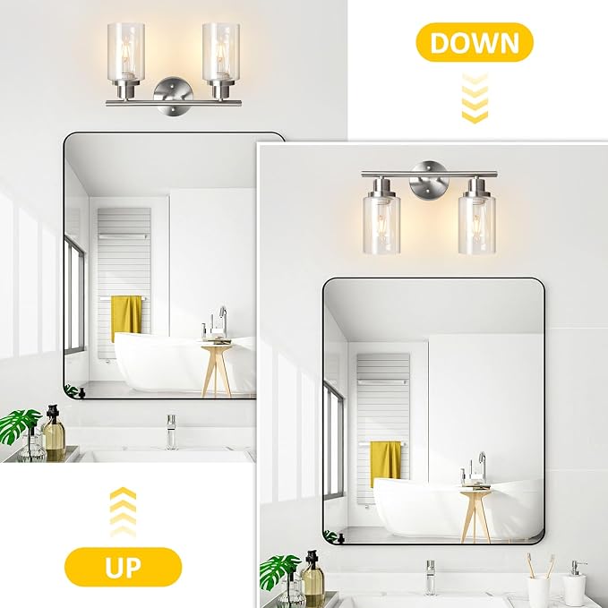 Unicozin 2 Light Vanity Lights, Brushed Nickel Wall Sconce Light with Clear Glass, Bathroom Light Fixtures, Wall Lights for Mirror, Living Room, Bedroom, Hallway, E26 Base (Bulbs Not Included)