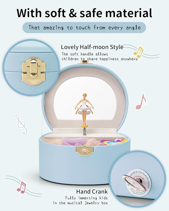 VLANDO Bithday Gift for Girl - Musical Jewelry Box for Girls, Small Kid Music Box with Ballerina for Party Bedroom Decor, Gifts for Girls Kids - Blue