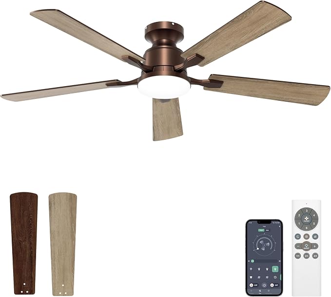 VOLISUN 52 Inch Ceiling Fan with Lights Flush Mount, Low Profile Ceiling Fans with Lights, Remote&APP Control,Dimmable 22W LED Light,Queit&Reversible Fan, Brown Ceilings Fans for Bedroom, Living Room