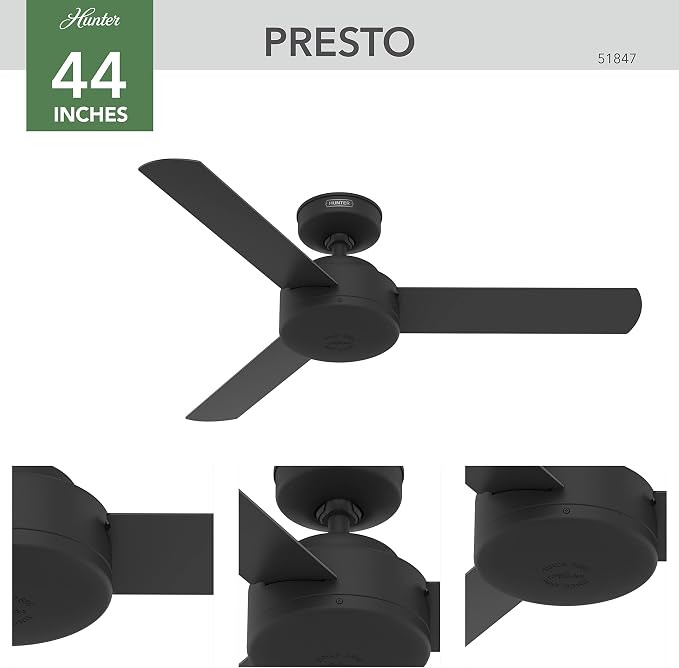 Hunter Presto, Indoor, Ceiling Fan, No Light, Modern, 44 inch, Matte Black | Standard Mount, Wall Control, 3 Blades, For Bedroom, Living Room, Kitchen, 51847