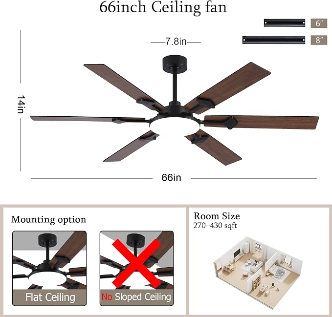 NKPU 66 Inch Brown Ceiling Fan with Lights, Modern Large Ceiling Fan with Remote & APP Control, Reversible DC Motor, 6 Double-Sided Blades, 6 Speeds, Silent, Timer, for Living Room Indoor & Outdoor