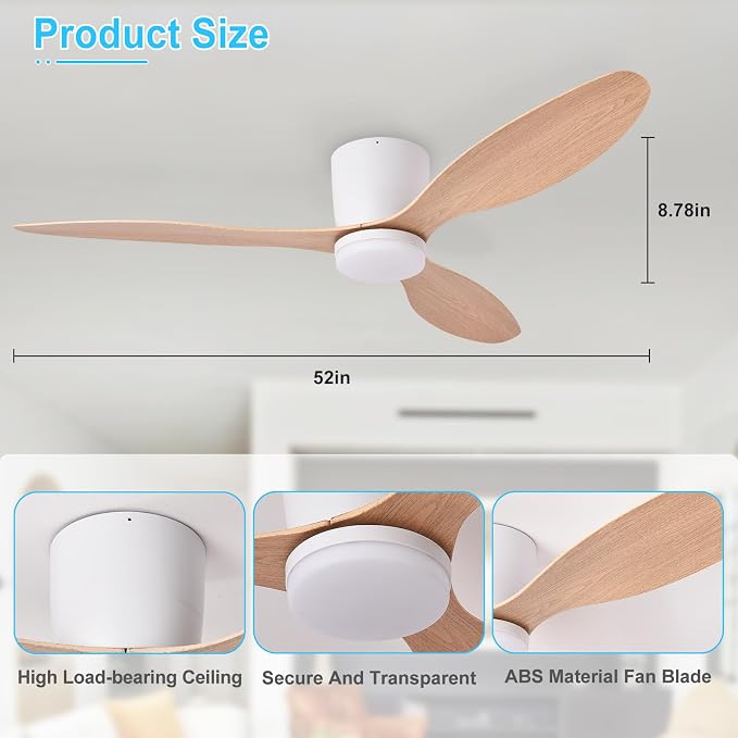Depuley Flush Mount Ceiling Fan: 52-Inch White Ceiling Fans with Lights for Bedroom Indoor Outdoor - Low Profile Ceiling Fans with Remote Control 24W 3CCT Dimmable 3 Reversible Wood Blades 6 Speeds