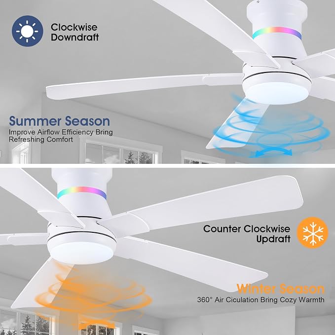 Surtime 52" White Ceiling Fans with RGB Lights - Flush Mount Ceiling Fan Light with LED 3CCT Dimmable, Modern Low Profile Ceiling Fans for Indoor Party,Covered Outdoor